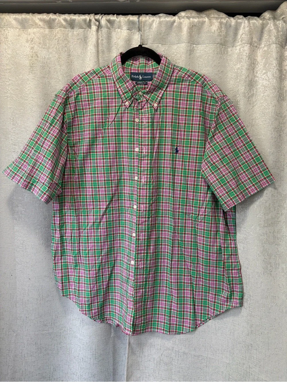 Ralph Lauren Green, Pink & White Plaid Button-Down Shirt vintage 90s